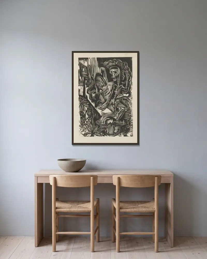 Selbstbildnis mit tanzendem Tod von Ernst Ludwig Kirchner gerahmt an einer Wand
