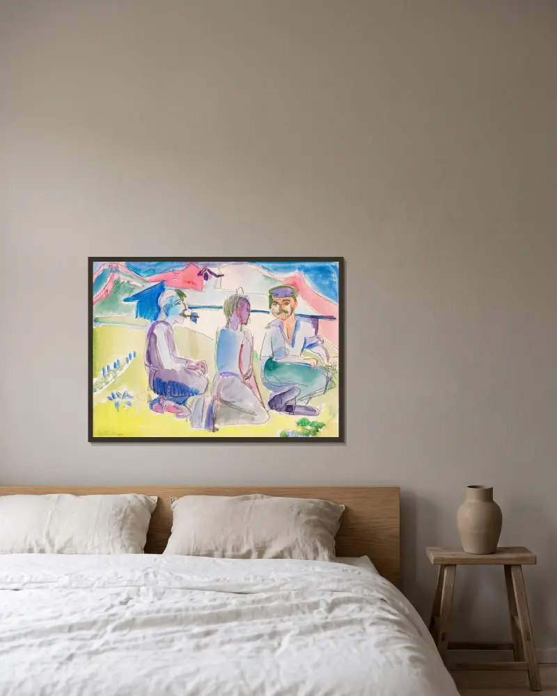Sitzende Bauern (Lagernde Bauern) von Ernst Ludwig Kirchner gerahmt an einer Wand