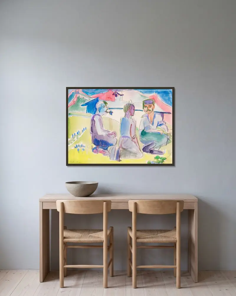 Sitzende Bauern (Lagernde Bauern) von Ernst Ludwig Kirchner gerahmt an einer Wand