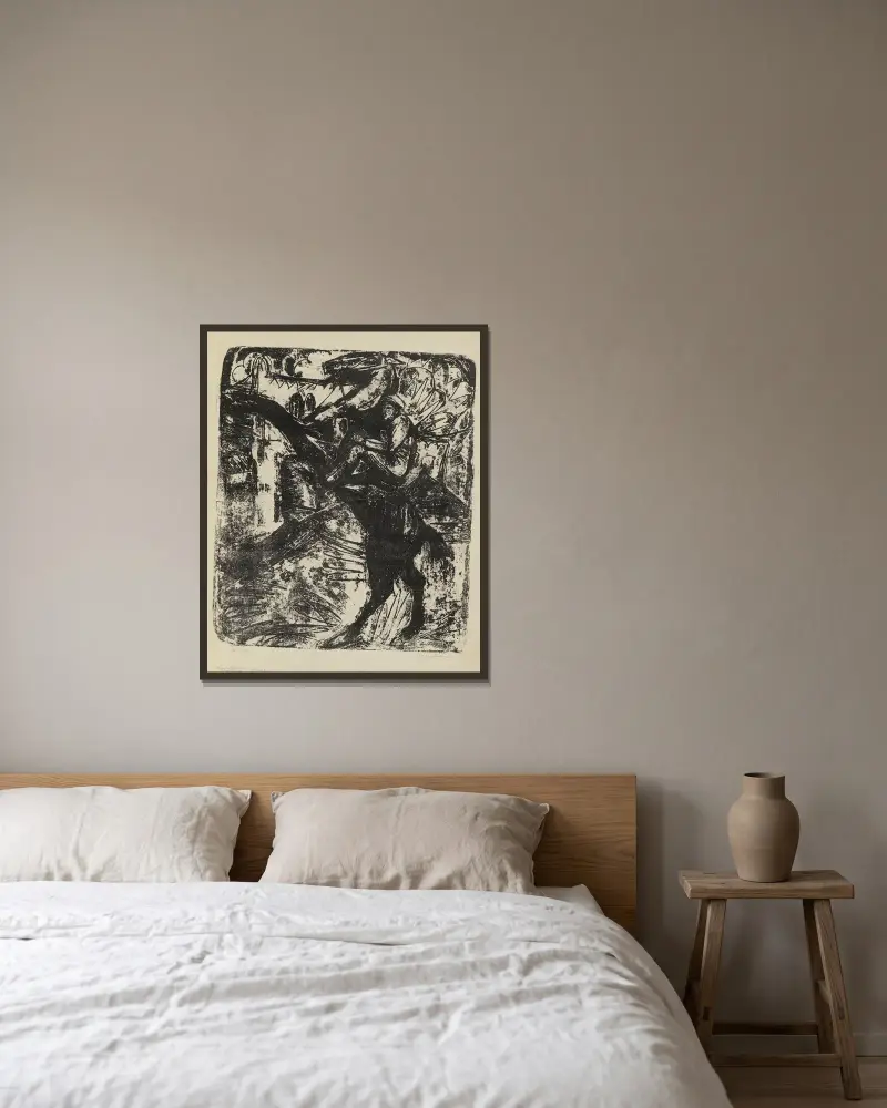 Steigendes Pferd mit Reiter av Ernst Ludwig Kirchner inramad på en vägg