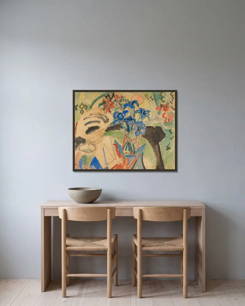 Stilleben mit Enzian und Türkenbund av Ernst Ludwig Kirchner inramad på en vägg