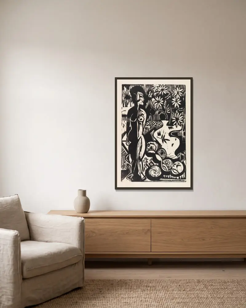 Zátiší s plastikou, Ernst Ludwig Kirchner v rámu na stěně