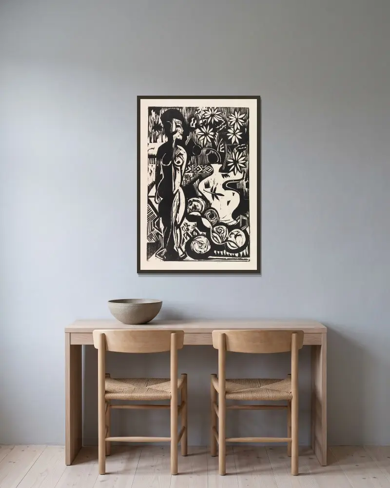 Zátiší s plastikou, Ernst Ludwig Kirchner v rámu na stěně
