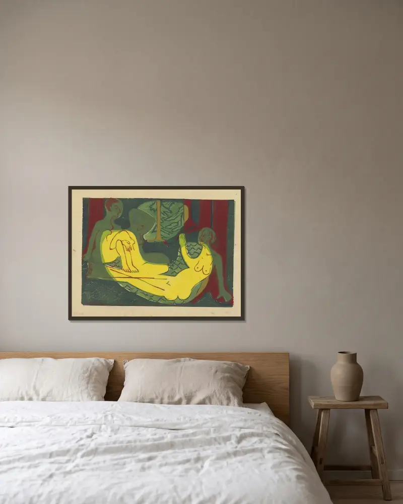 Three Nudes in the Forest av Ernst Ludwig Kirchner inramad på en vägg