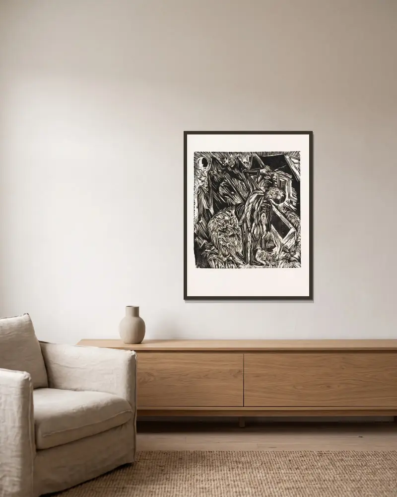 Trinkender Jäger von Ernst Ludwig Kirchner gerahmt an einer Wand