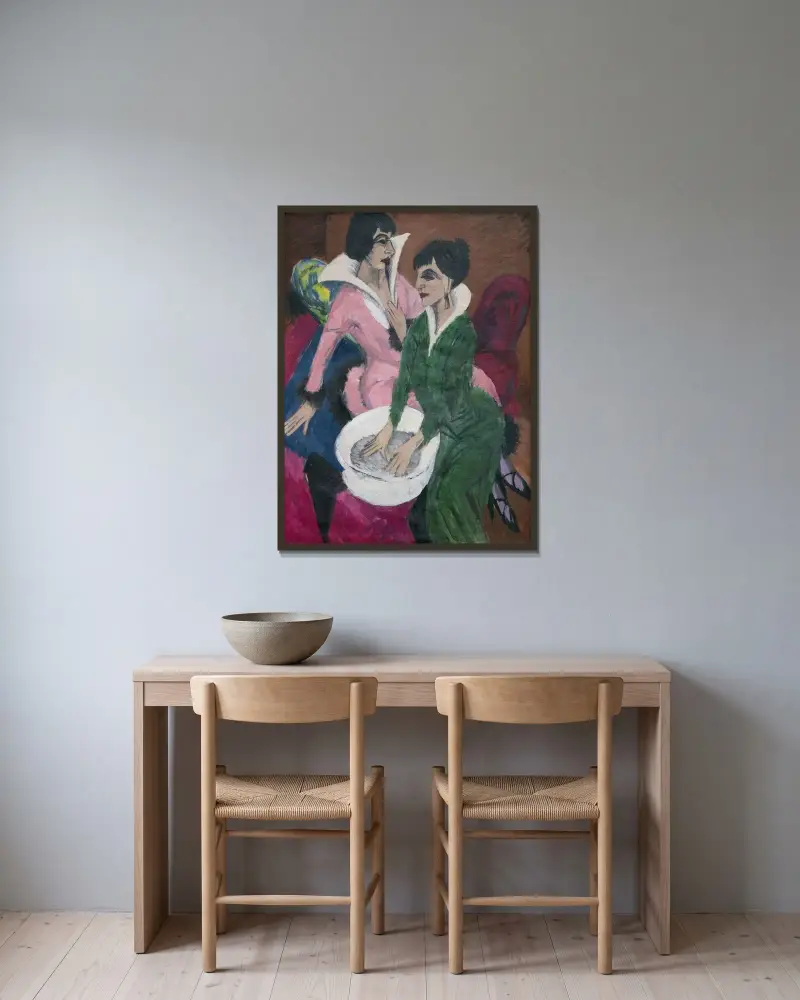 Two Women by a Sink; The Sisters av Ernst Ludwig Kirchner inramad på en vägg