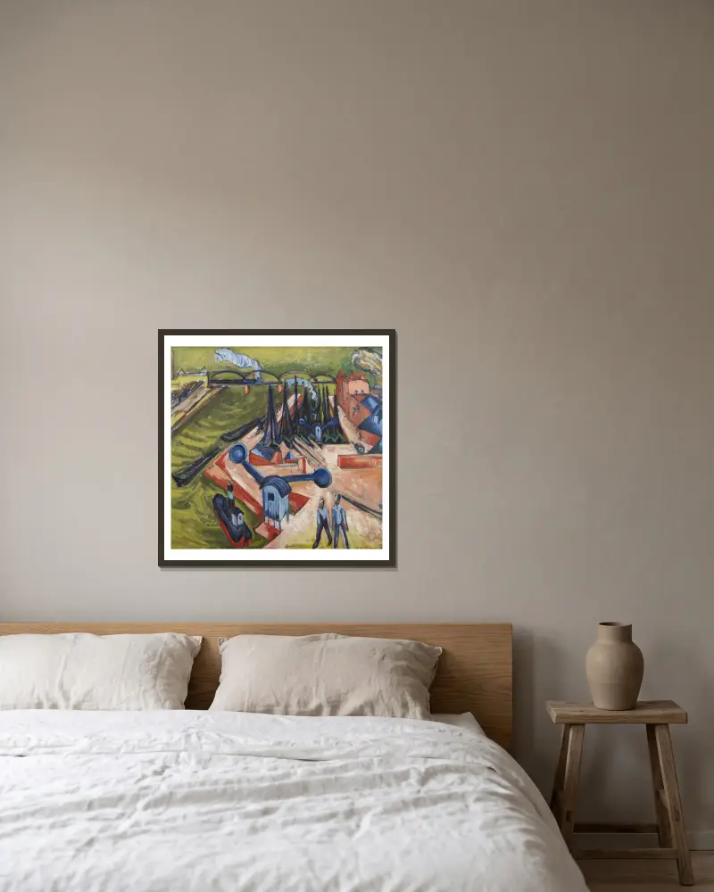 Västra hamnen i Frankfurt am Main av Ernst Ludwig Kirchner inramad på en vägg