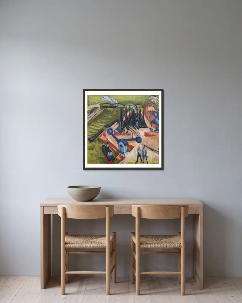 Västra hamnen i Frankfurt am Main av Ernst Ludwig Kirchner inramad på en vägg