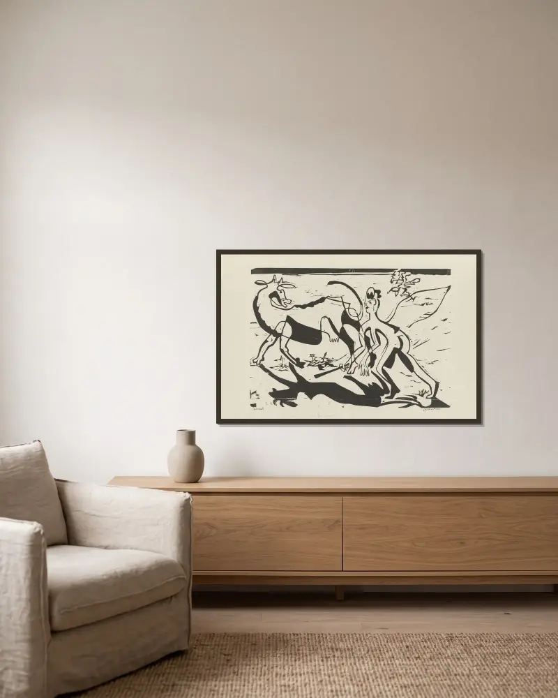 Wilde Kuh und Hirt von Ernst Ludwig Kirchner gerahmt an einer Wand