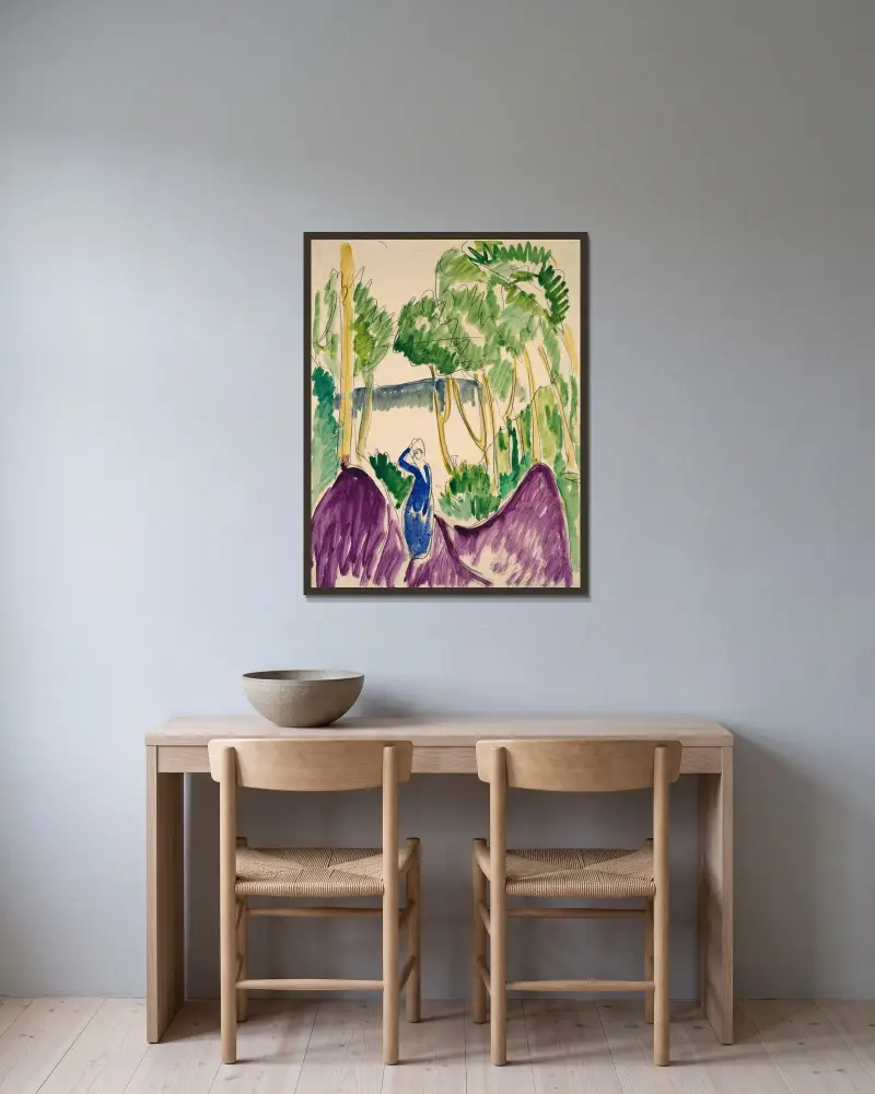 Woman in dunes on Fehmarn av Ernst Ludwig Kirchner inramad på en vägg