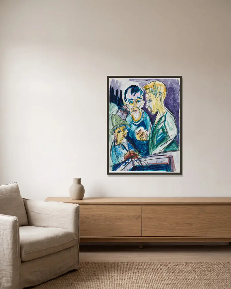 Zwei Bauern und Junge am Brunnen av Ernst Ludwig Kirchner inramad på en vägg