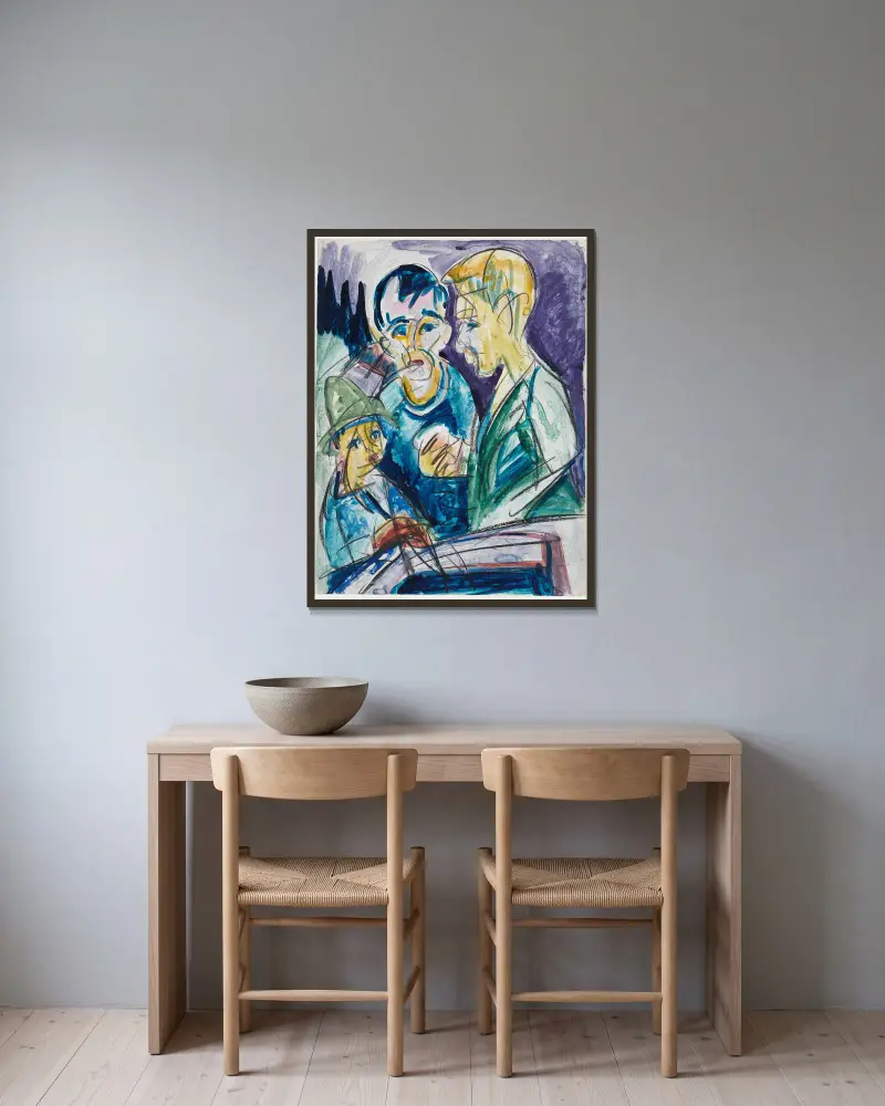 Zwei Bauern und Junge am Brunnen av Ernst Ludwig Kirchner inramad på en vägg