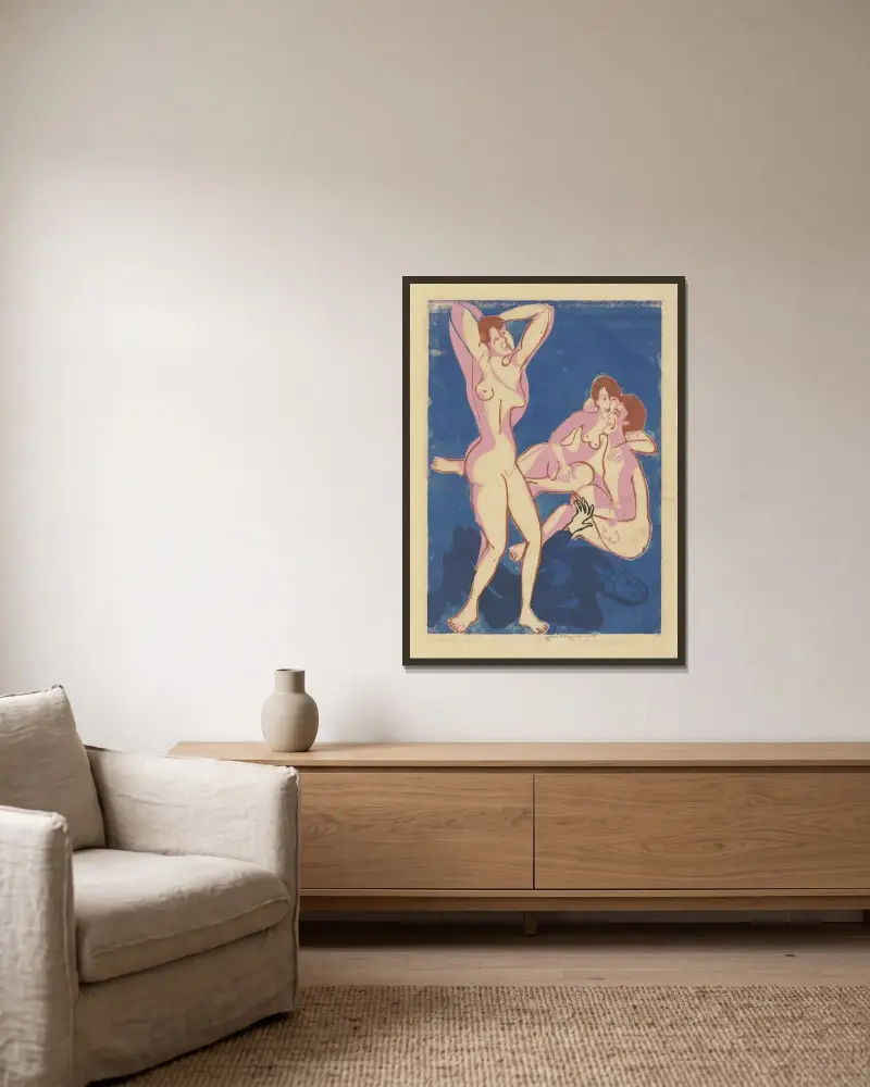 Zwei Männer und eine Frau av Ernst Ludwig Kirchner inramad på en vägg