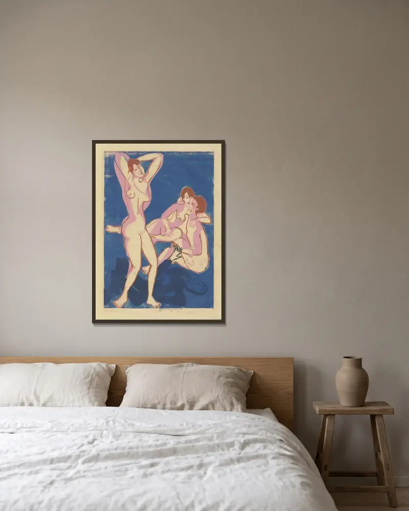 Zwei Männer und eine Frau av Ernst Ludwig Kirchner inramad på en vägg