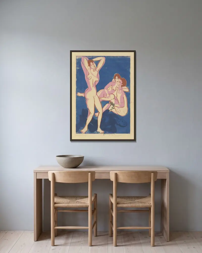 Zwei Männer und eine Frau av Ernst Ludwig Kirchner inramad på en vägg