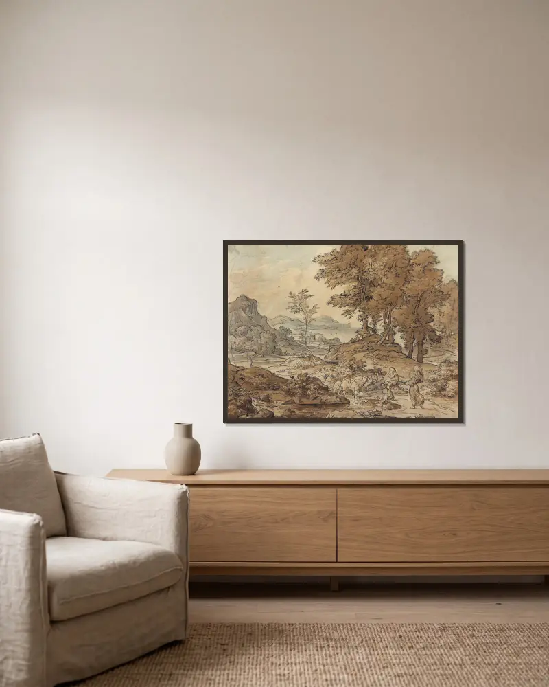 Italienische Landschaft mit Schafherden av Adrian Ludwig Richter inramad på en vägg