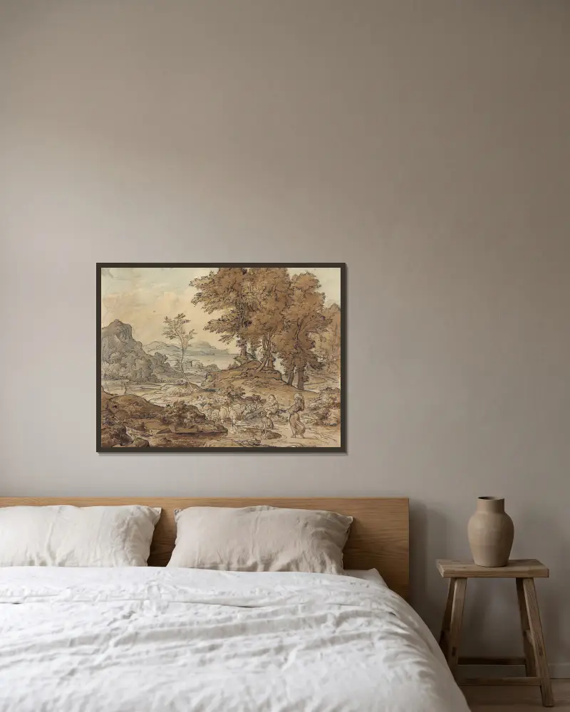 Italienische Landschaft mit Schafherden av Adrian Ludwig Richter inramad på en vägg