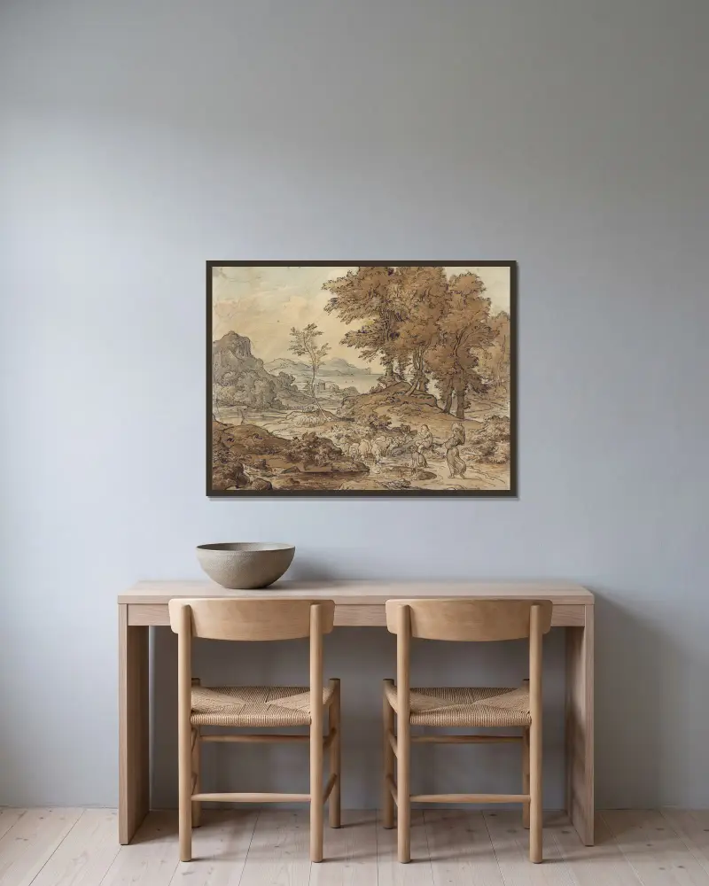 Italienische Landschaft mit Schafherden av Adrian Ludwig Richter inramad på en vägg