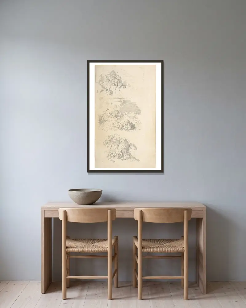 Drei Vorlagen für Buchillustrationen von Adrian Ludwig Richter gerahmt an einer Wand