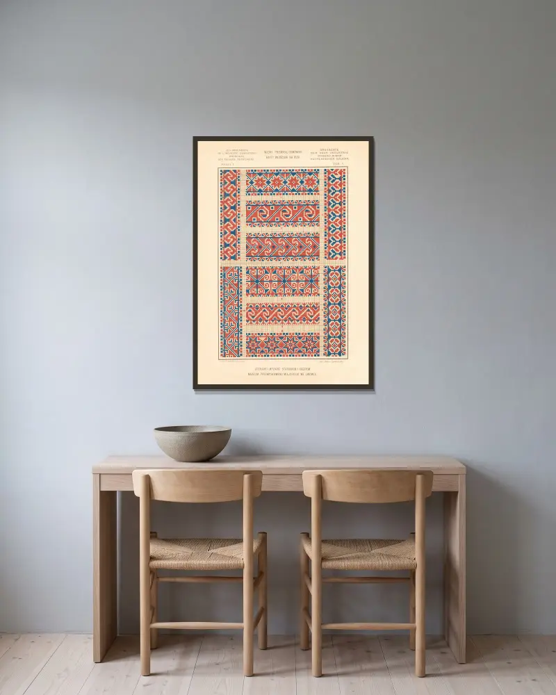 Hemslöjdens ornament – Ruteniska bönders broderier, vol. 2, plansch 4 av Ludwik Wierzbicki inramad på en vägg