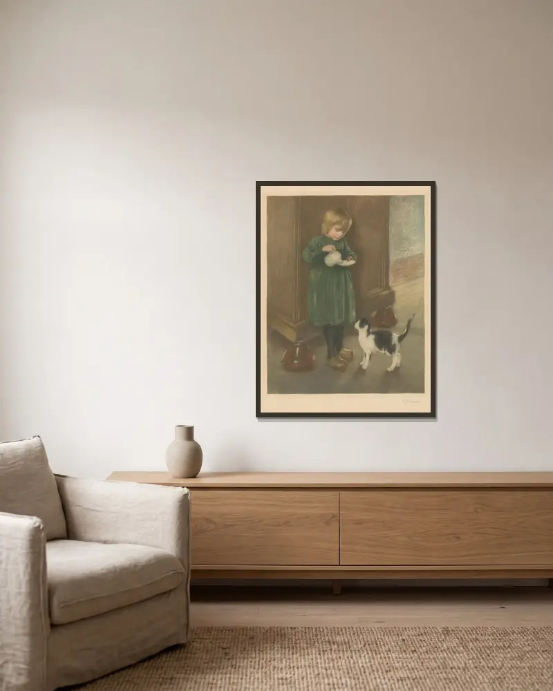 Girl feeding a cat av Hendrik Maarten Krabbé inramad på en vägg