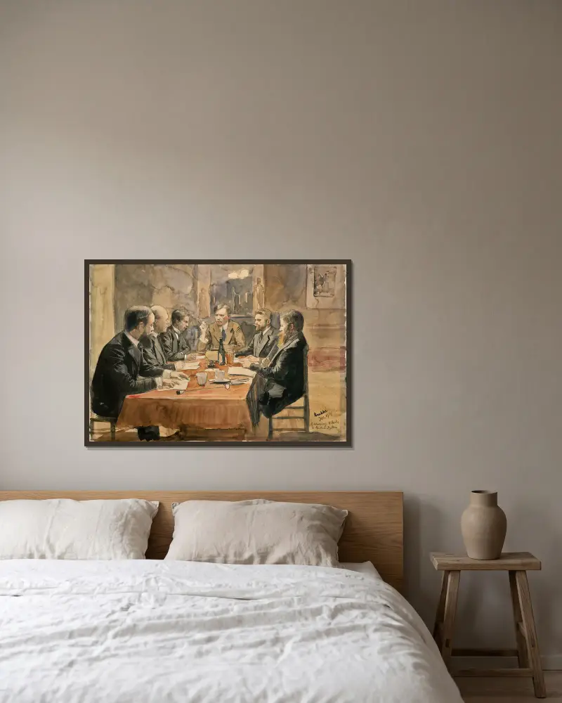 Meeting of the board of the Lucasvereniging in Amsterdam, 1914 av Hendrik Maarten Krabbé inramad på en vägg