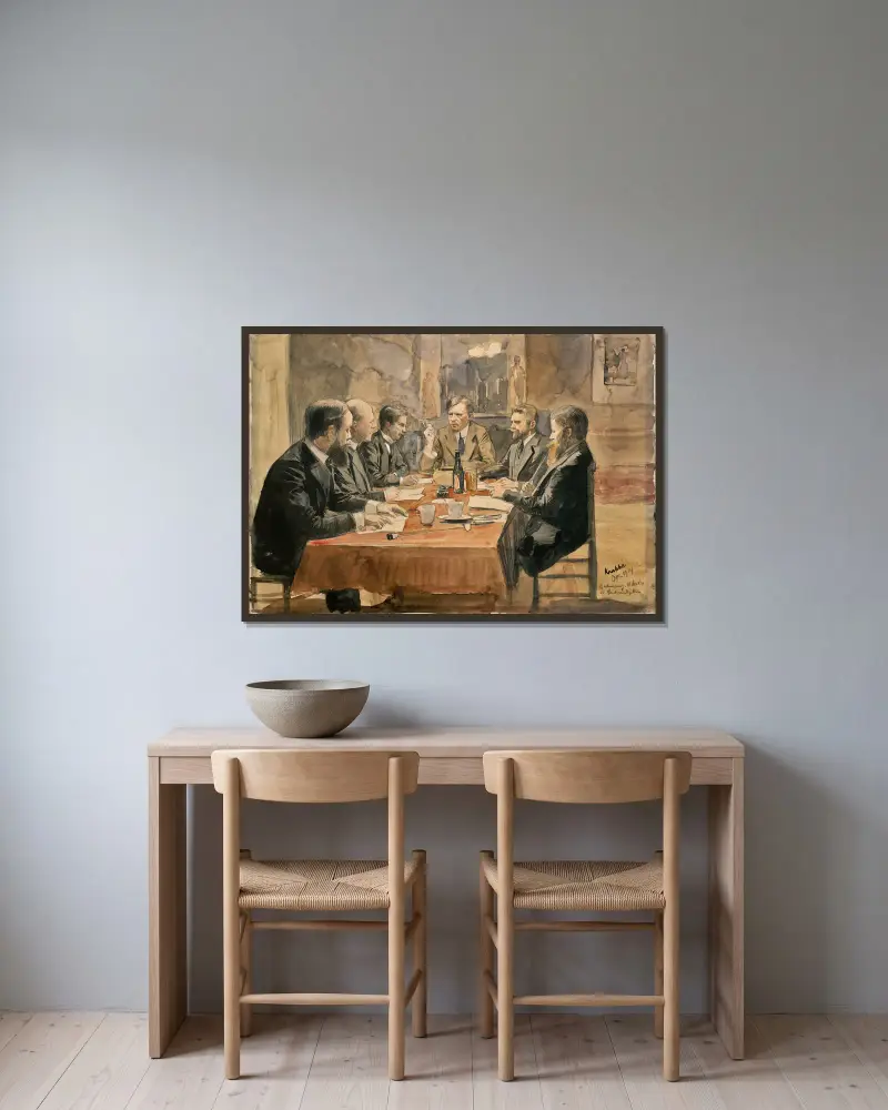 Meeting of the board of the Lucasvereniging in Amsterdam, 1914 av Hendrik Maarten Krabbé inramad på en vägg