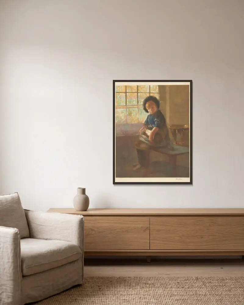 Flicka som putsar en kopparkanna av Hendrik Maarten Krabbé inramad på en vägg