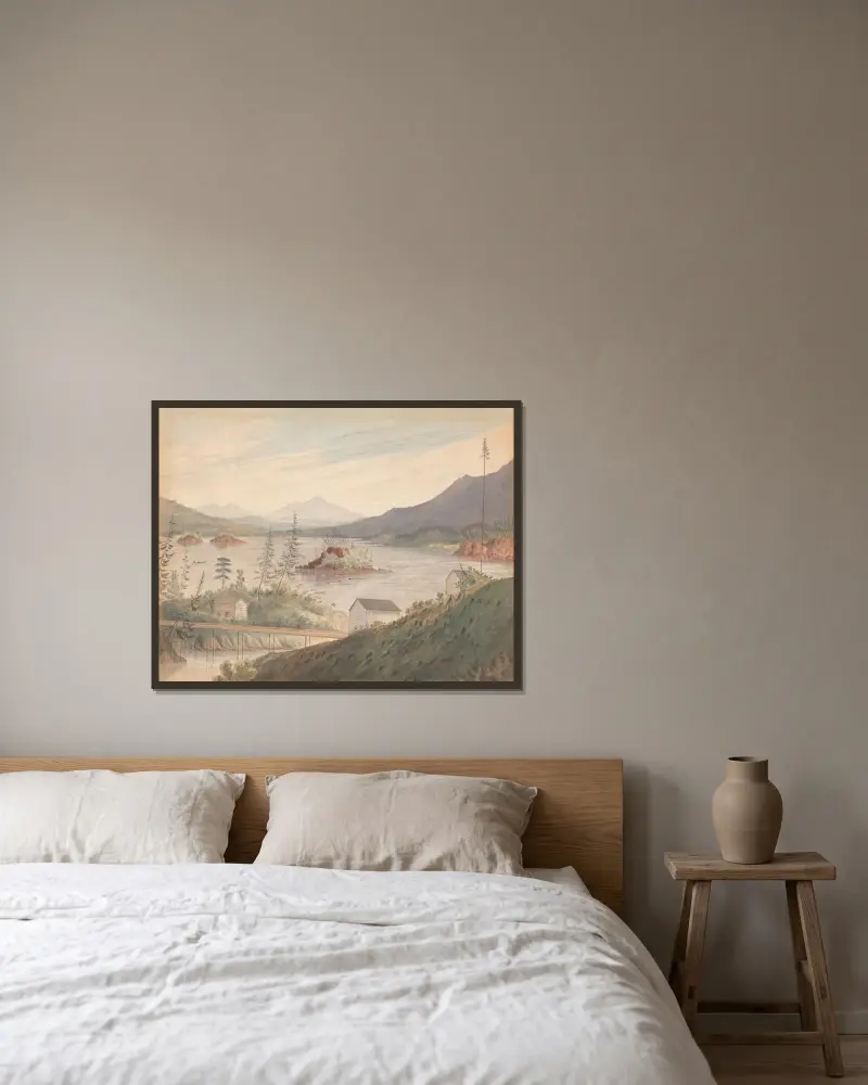 Från Upper Cascades med utsikt uppåt Columbiafloden av James Madison Alden inramad på en vägg