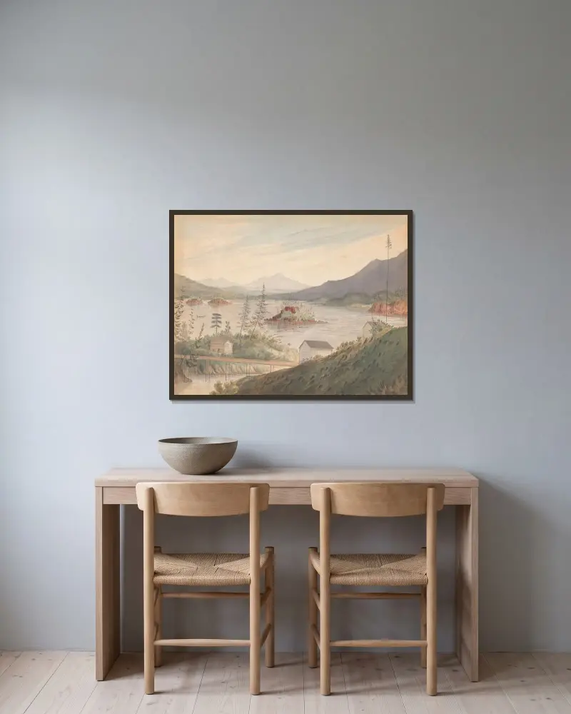 Från Upper Cascades med utsikt uppåt Columbiafloden av James Madison Alden inramad på en vägg