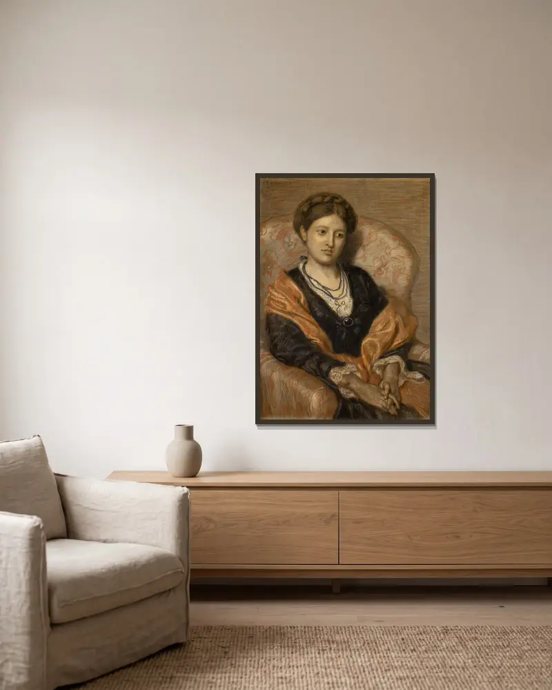 Portrait of Miss Iza Duffus Hardy av Ford Madox Brown inramad på en vägg