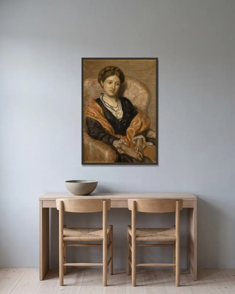Portrait of Miss Iza Duffus Hardy av Ford Madox Brown inramad på en vägg