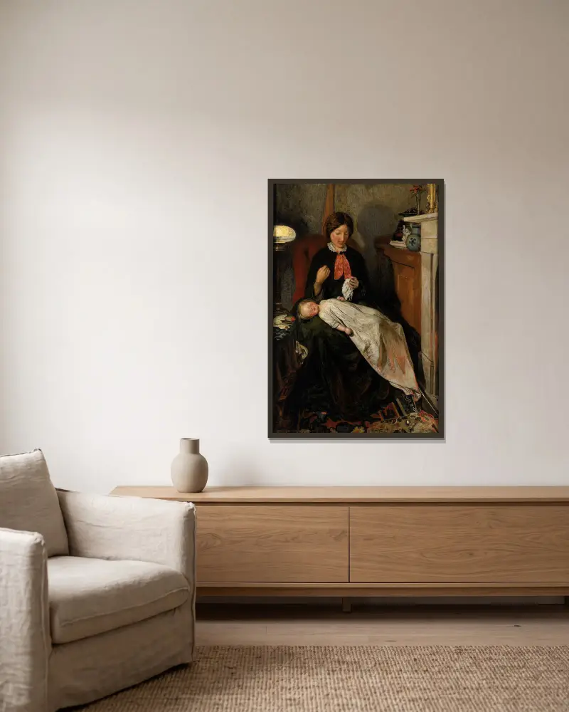 Waiting- An English Fireside Of 1854-55 av Ford Madox Brown inramad på en vägg