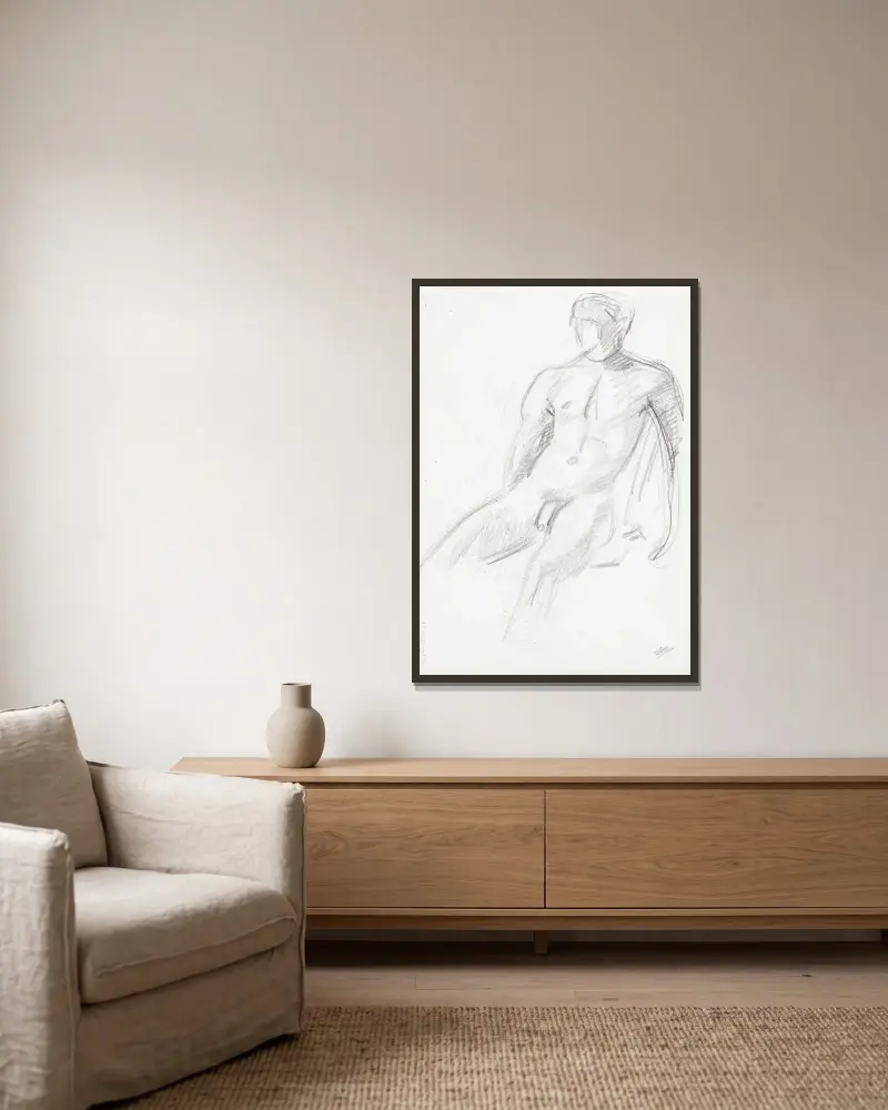 Naken man, skiss av Magnus Enckell inramad på en vägg