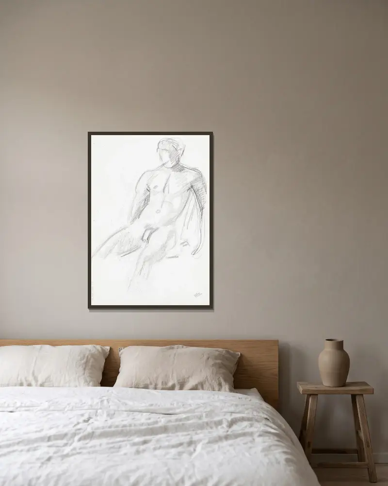 Naken man, skiss av Magnus Enckell inramad på en vägg