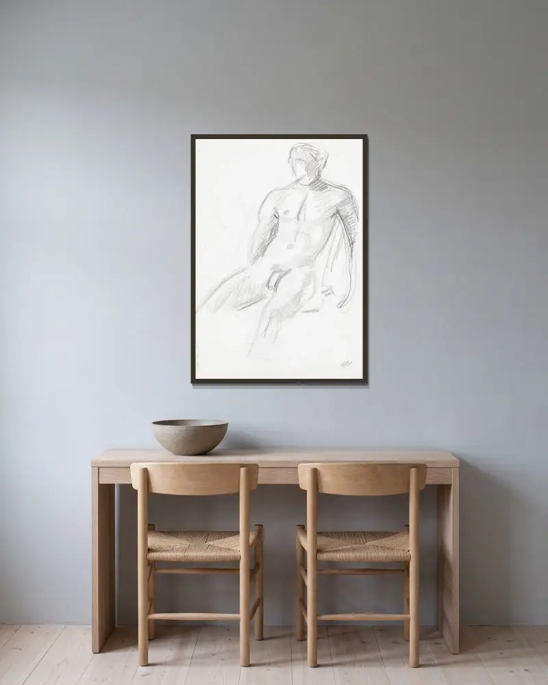 Naken man, skiss av Magnus Enckell inramad på en vägg