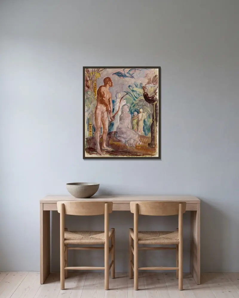 Paradisfågel, skiss av Magnus Enckell inramad på en vägg