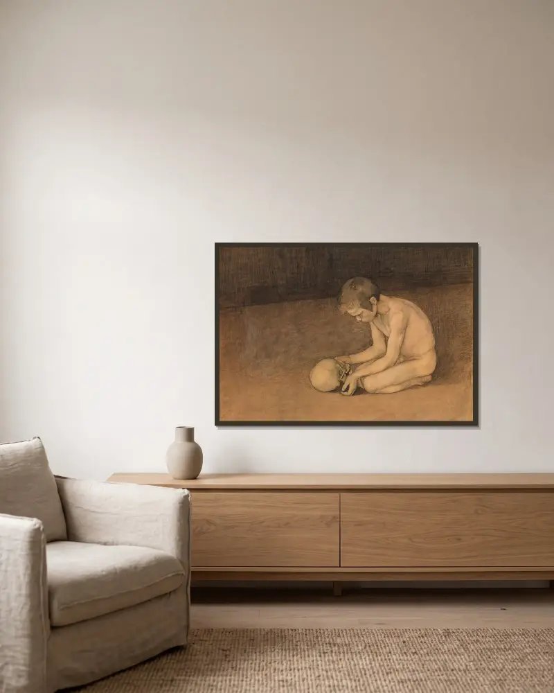 Pojke med skalle av Magnus Enckell inramad på en vägg