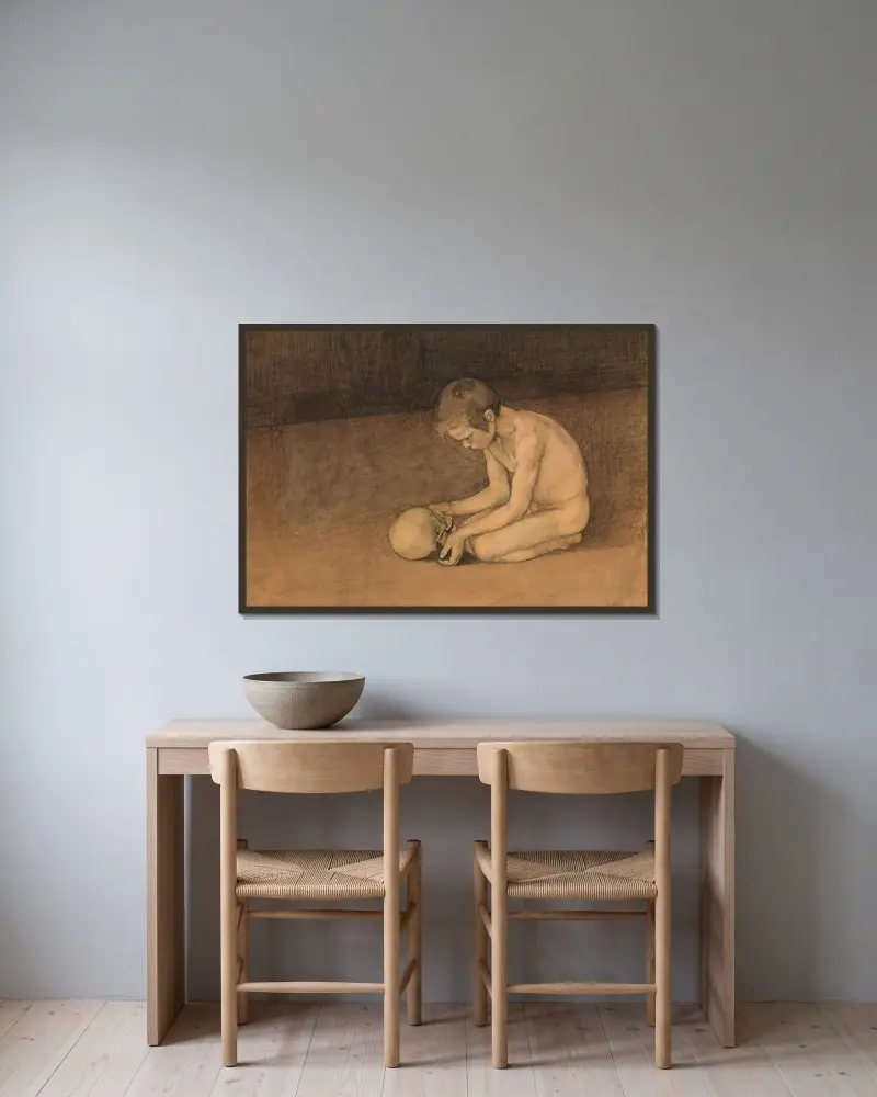 Pojke med skalle av Magnus Enckell inramad på en vägg