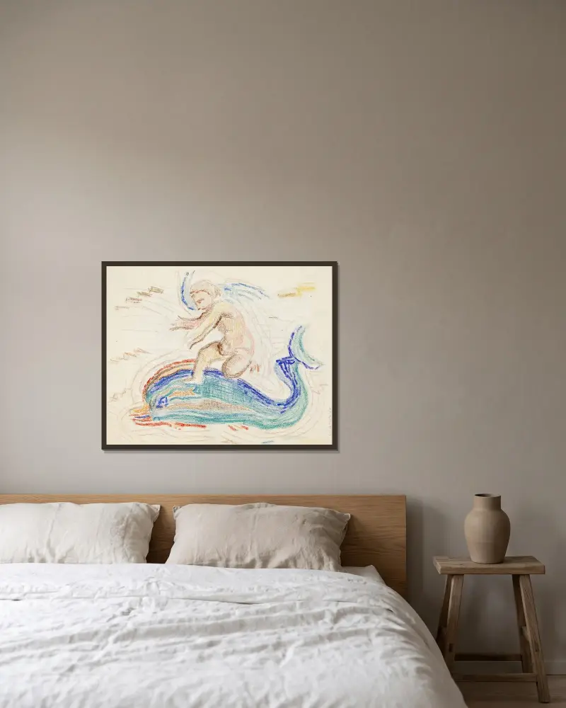 Delfinryttaren, skiss av Magnus Enckell inramad på en vägg