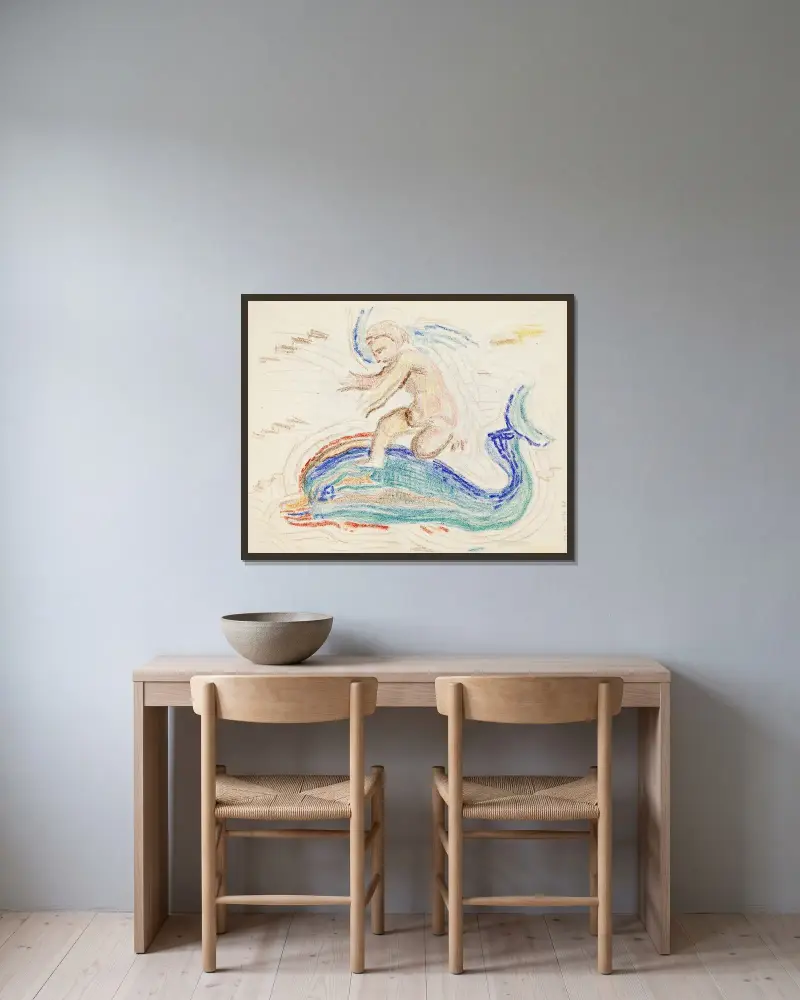 Delfinryttaren, skiss av Magnus Enckell inramad på en vägg