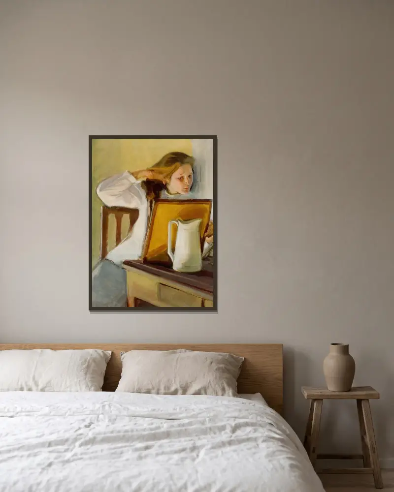 Flicka som rättar sitt hår av Magnus Enckell inramad på en vägg