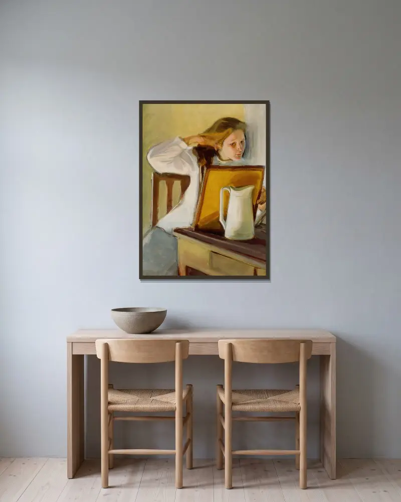 Flicka som rättar sitt hår av Magnus Enckell inramad på en vägg