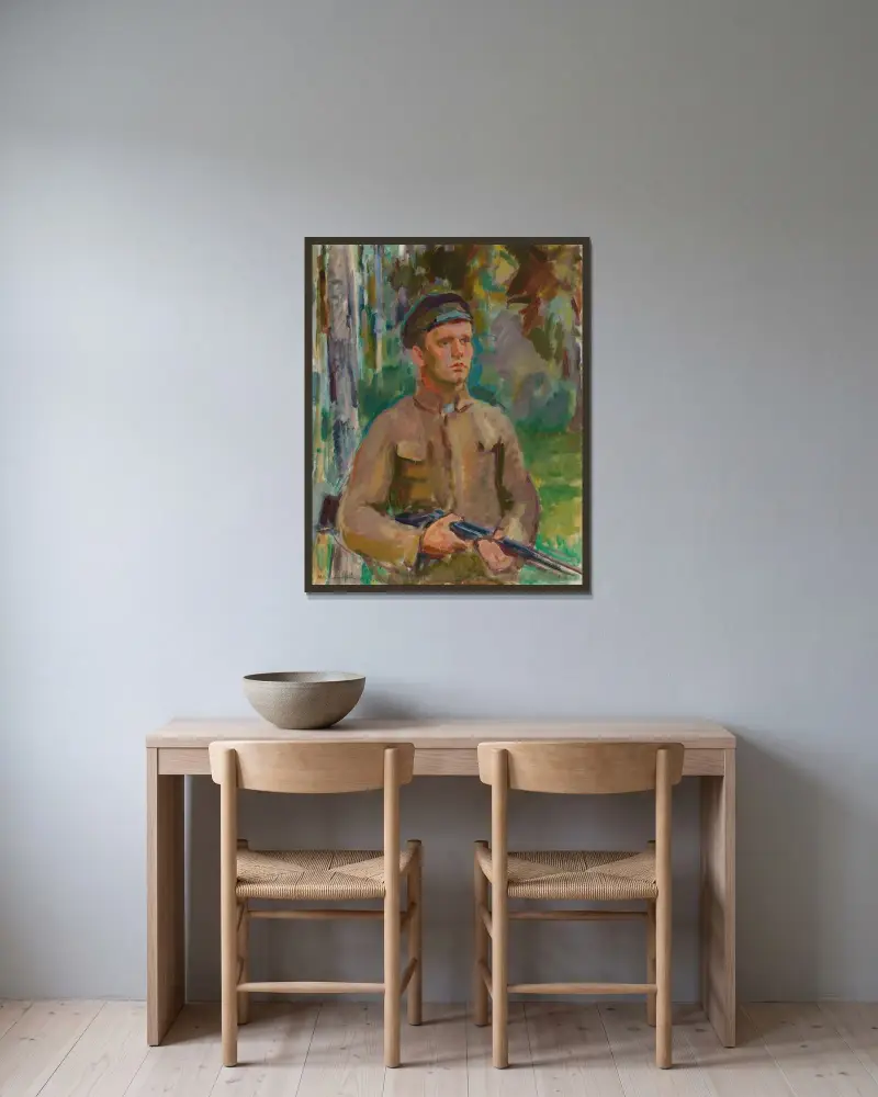 Jägaren (skogvaktare Gunnar Arnkil) av Magnus Enckell inramad på en vägg