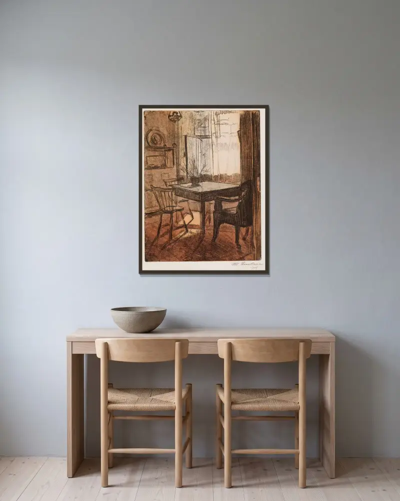 Interiör av Magnus Enckell inramad på en vägg
