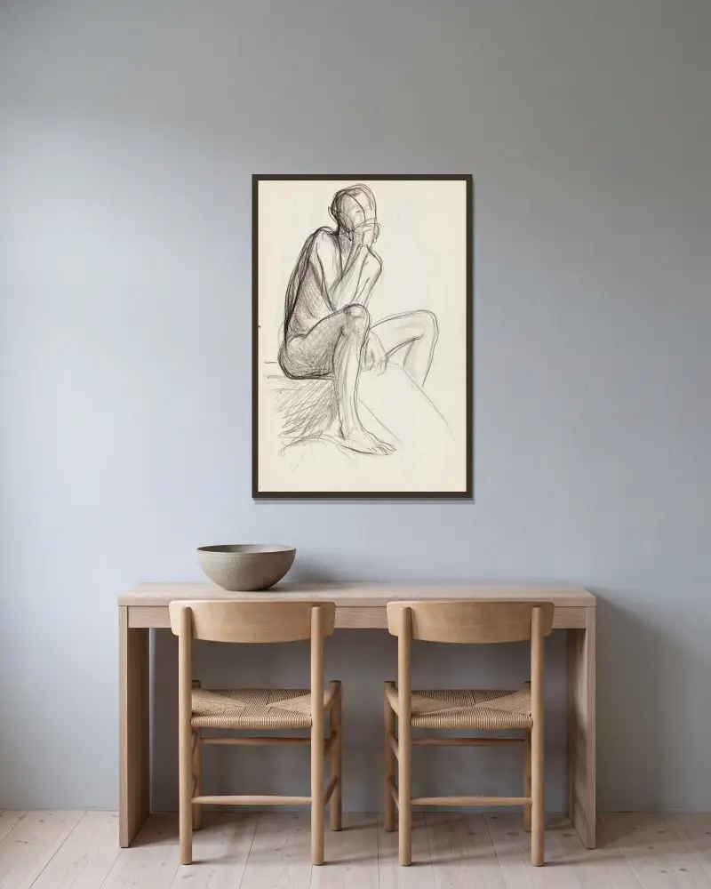 Sittande naken man, skiss av Magnus Enckell inramad på en vägg