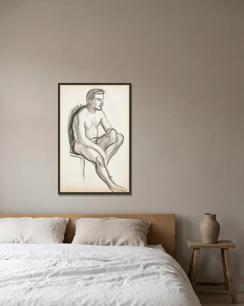 Sittande naken man, skiss av Magnus Enckell inramad på en vägg