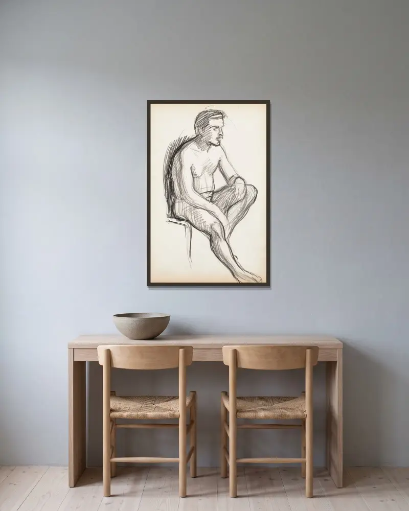 Sittande naken man, skiss av Magnus Enckell inramad på en vägg