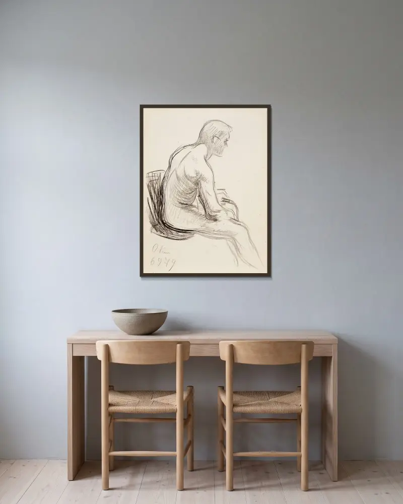 Sittande naken man av Magnus Enckell inramad på en vägg