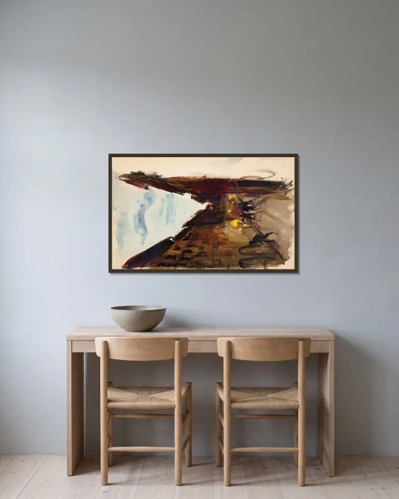 Gata och människor i kvällsskymning, skiss av Magnus Enckell inramad på en vägg